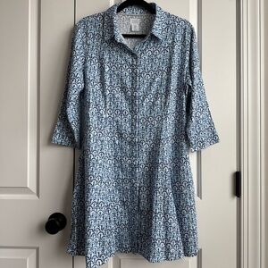 Sigrid Olsen Blue & White Geometric Linen Blend Shirtdress - Sz M